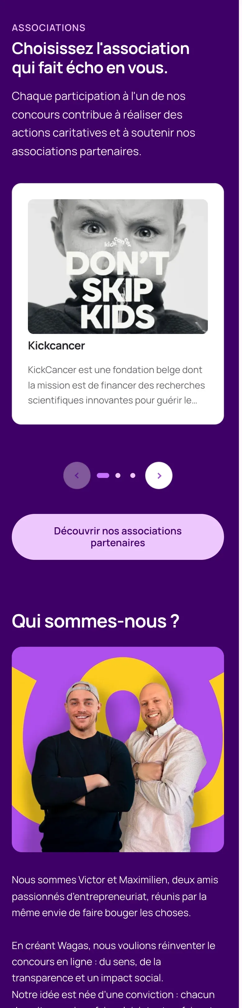 Site Wagas sur téléphone : carrousel des associations partenaires, puis section « Qui sommes-nous ? » avec les deux fondateurs