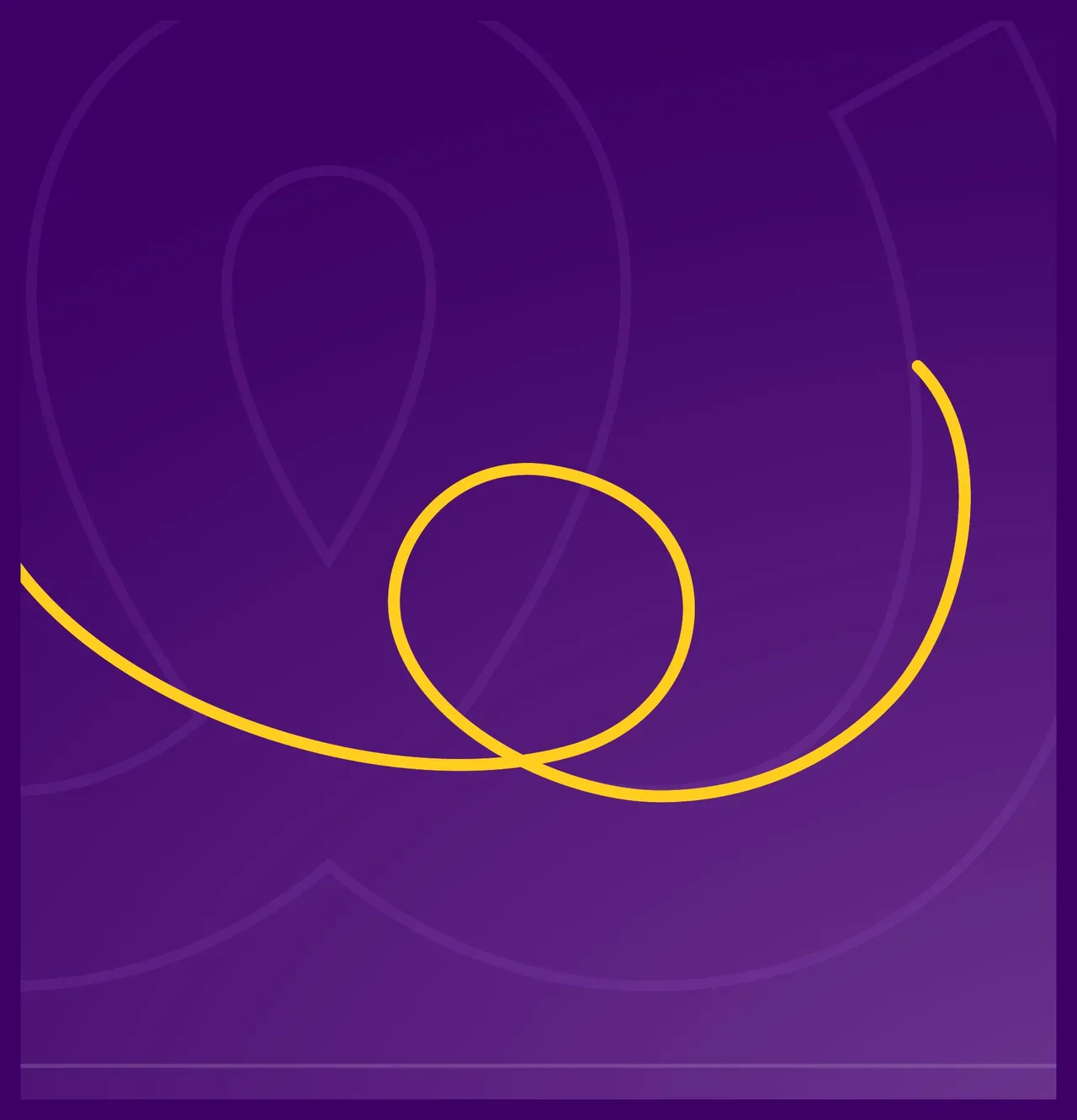 Ruban jaune Wagas qui forme une boucle sur fond violet, avec le W du logo en filigrane