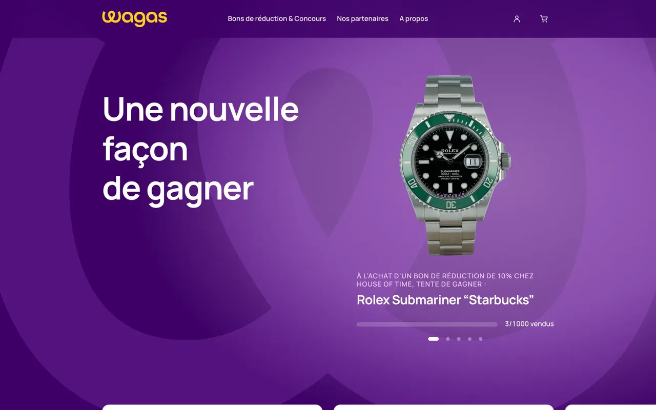 Accueil du site Wagas sur ordinateur : titre « Une nouvelle façon de gagner » et une montre Rolex Submariner à gagner