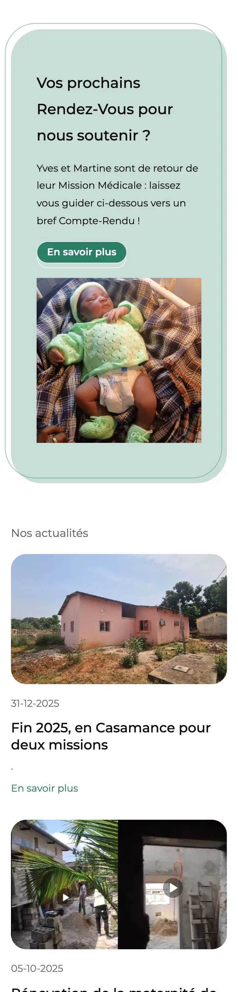 Site Casa for Life sur téléphone : encart des prochains rendez-vous, puis les premières actualités datées de 2025