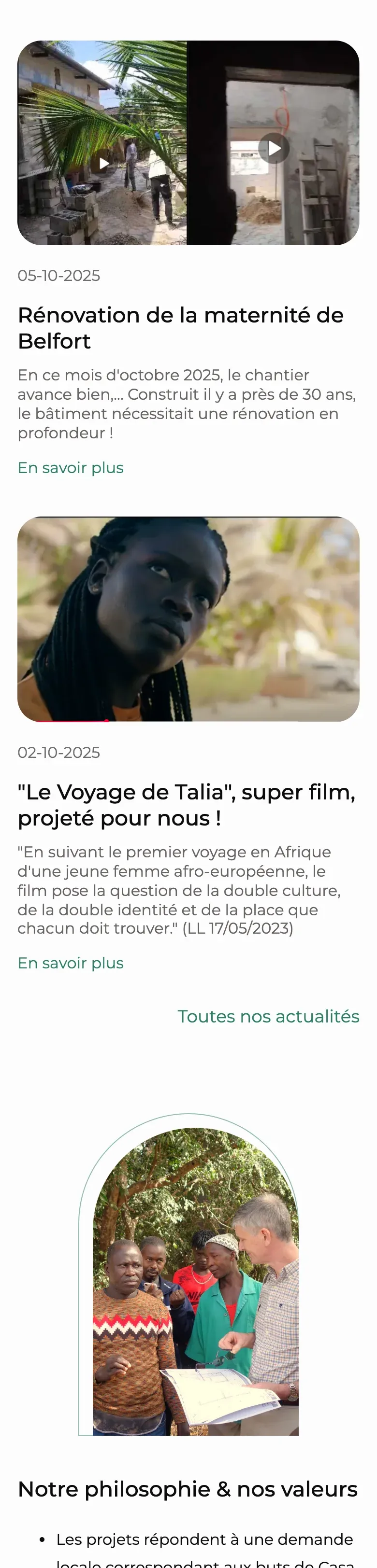 Actualités du site Casa for Life sur téléphone : maternité de Belfort, film « Le Voyage de Talia », puis la section valeurs