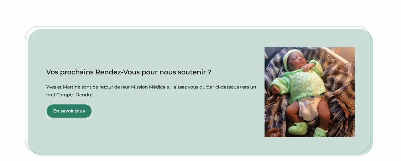 Encart vert d'eau du site Casa for Life « Vos prochains rendez-vous pour nous soutenir ? », avec la photo d'un nouveau-né