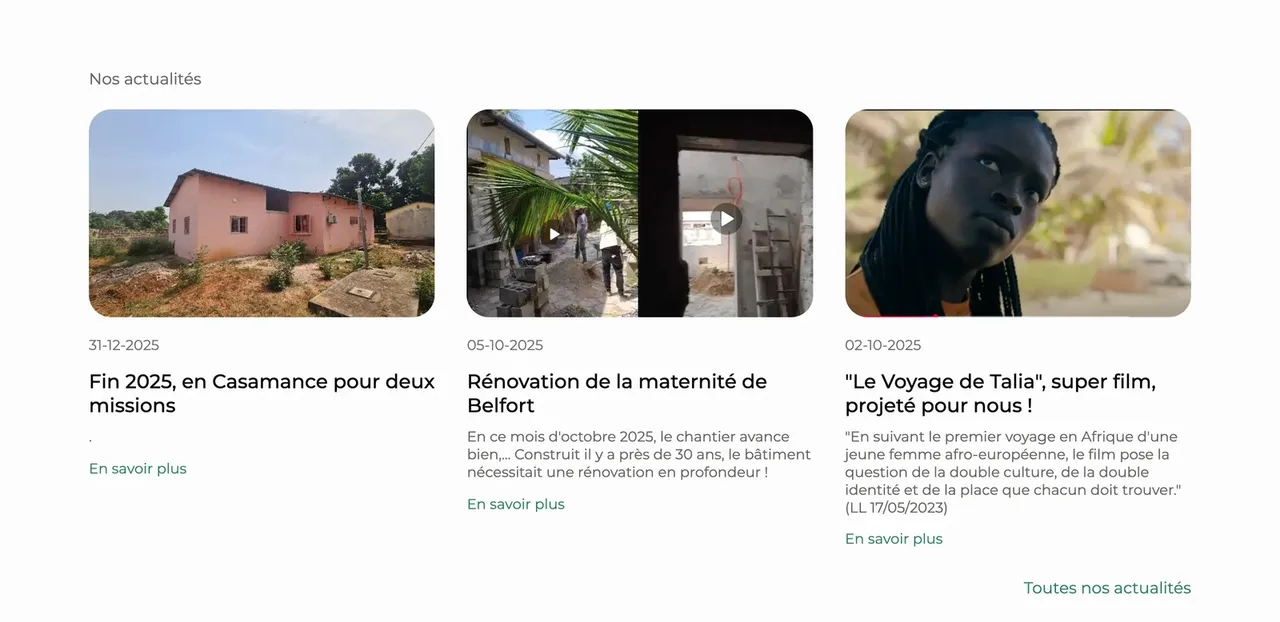 Section actualités du site Casa for Life, trois articles datés avec photo, dont la maternité de Belfort