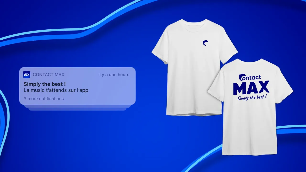 Deux t-shirts blancs Contact Max, dauphin au cœur et logo au dos, à côté d'une notification de l'app sur fond bleu