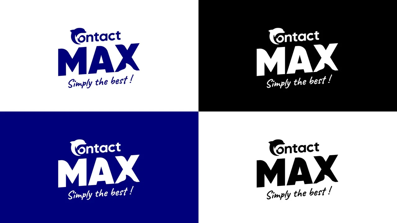 Quatre déclinaisons du logo Contact Max : sur blanc, sur noir, sur bleu nuit et en noir