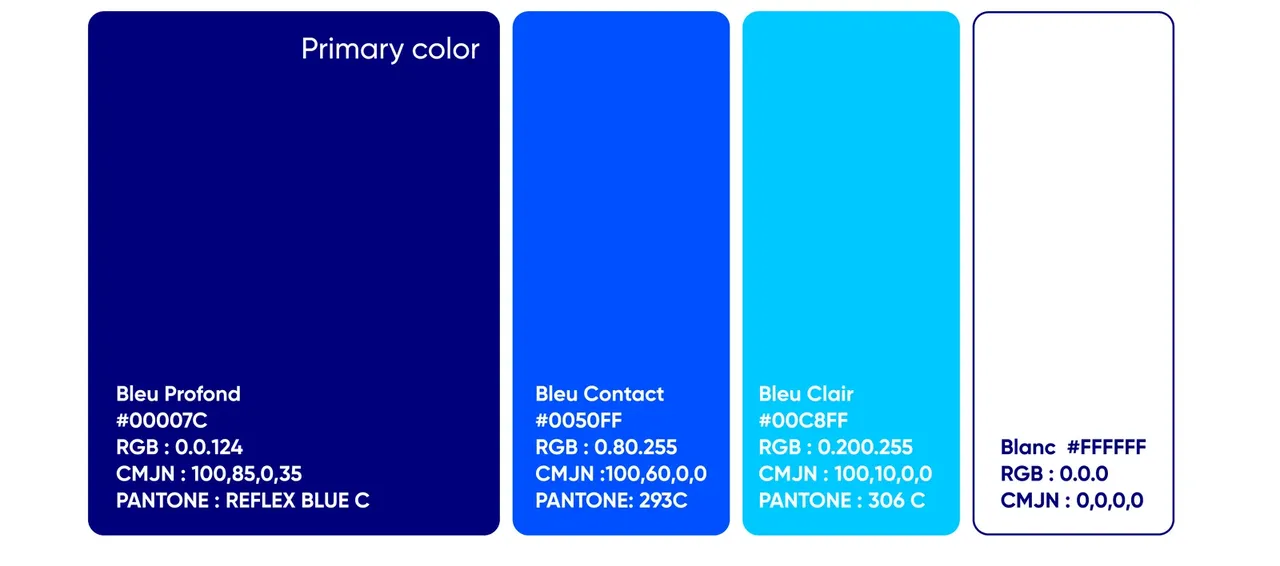 Palette Contact Max : bleu profond, bleu Contact, bleu clair et blanc, avec leurs codes hexa, RVB, CMJN et Pantone