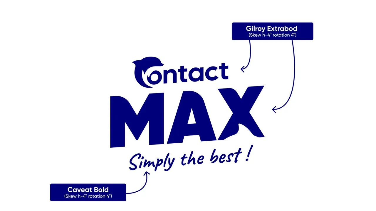 Typographies du logo Contact Max : Gilroy Extrabold pour « Contact Max », Caveat Bold pour « Simply the best ! », inclinées de 4°