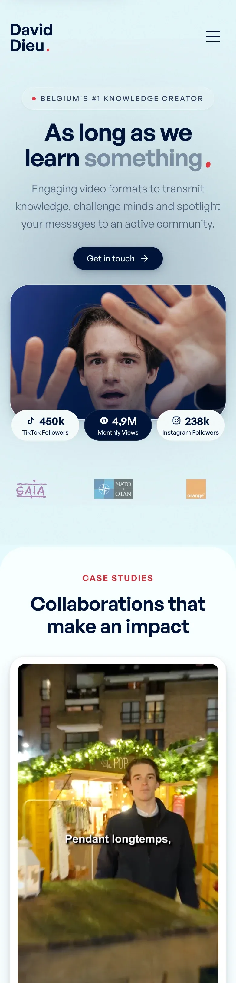 Accueil du site de David Dieu sur téléphone : accroche « As long as we learn something », chiffres d'audience et logos partenaires