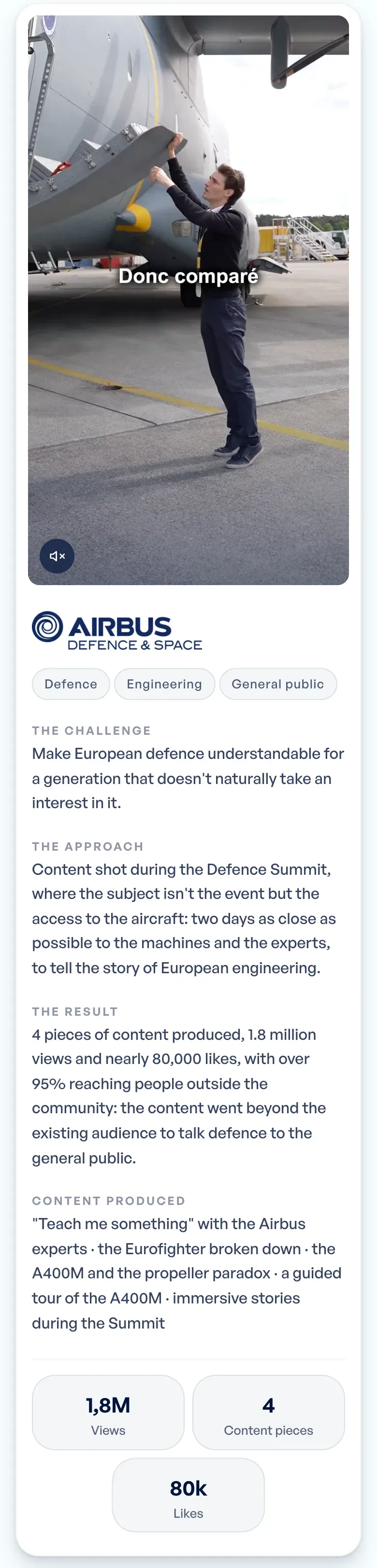 Étude de cas Airbus Defence and Space sur téléphone, site de David Dieu : vidéo près d'un A400M et 1,8 million de vues
