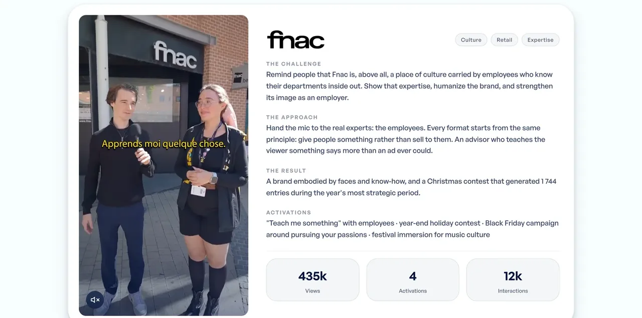 Étude de cas Fnac sur le site de David Dieu : vidéo verticale, défi, approche, résultat et chiffres clés