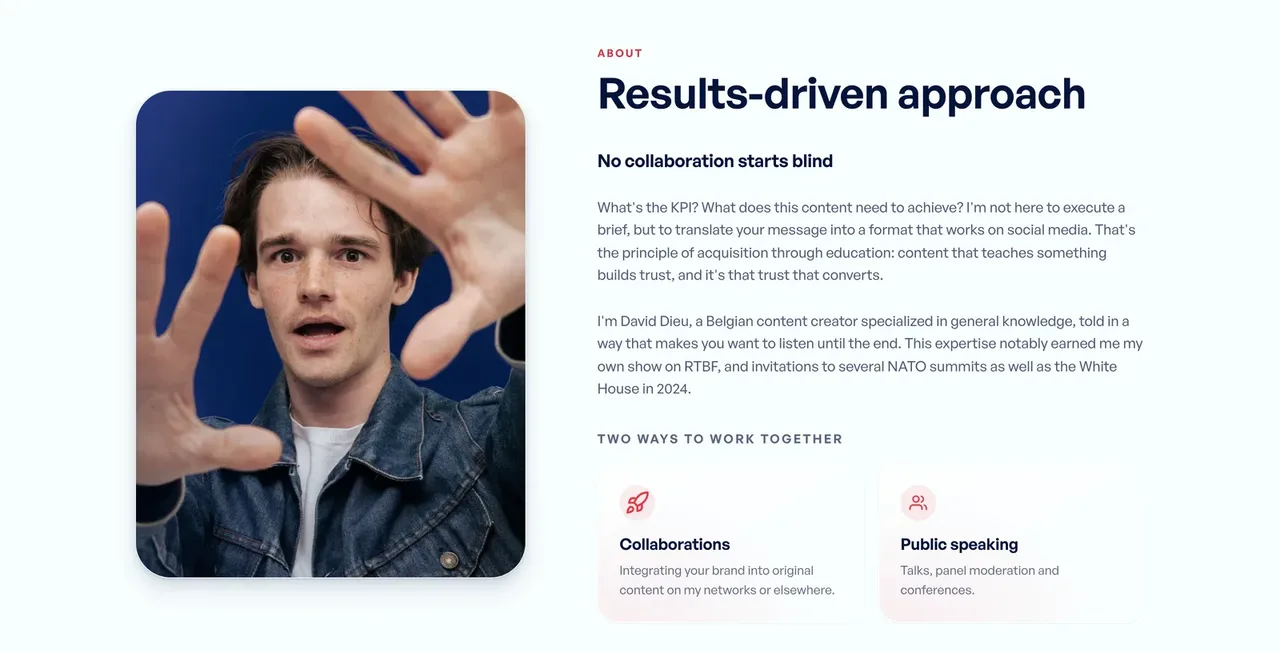 Section « Results-driven approach » du site de David Dieu : son portrait mains ouvertes vers l'objectif et deux façons de collaborer