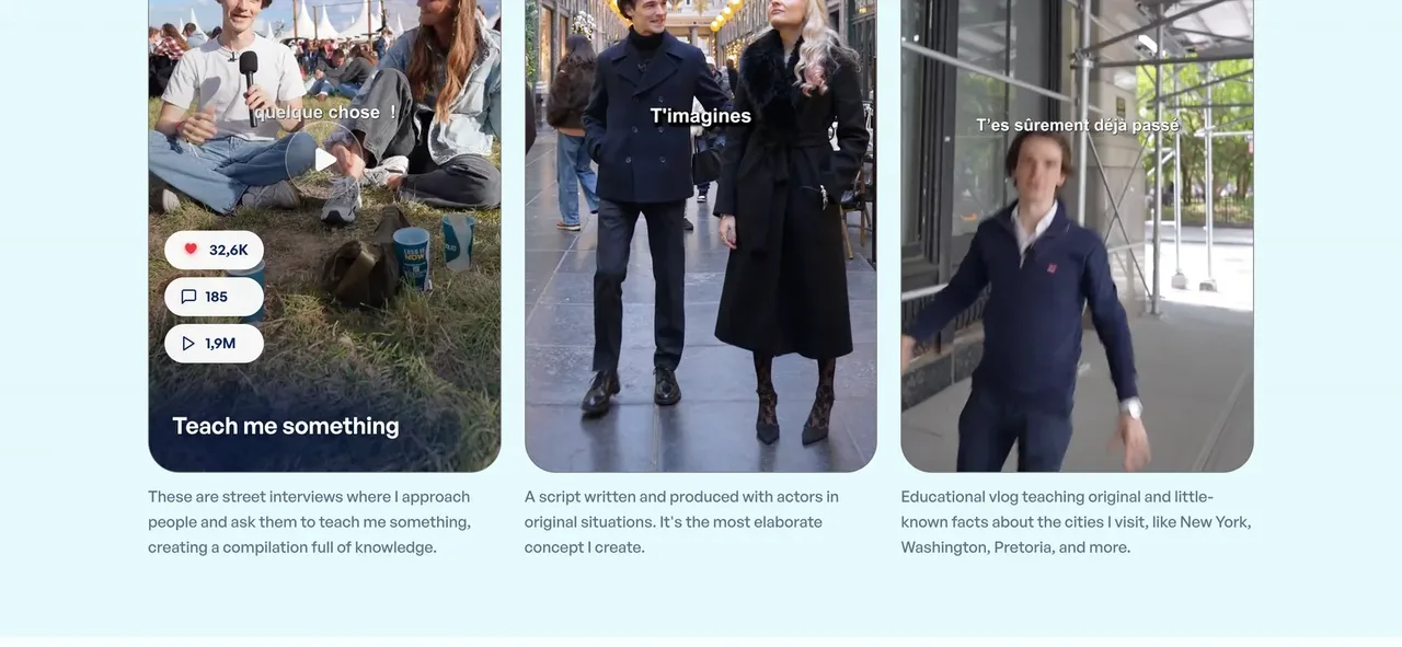 Trois formats vidéo de David Dieu présentés sur son site, dont le micro-trottoir « Teach me something »