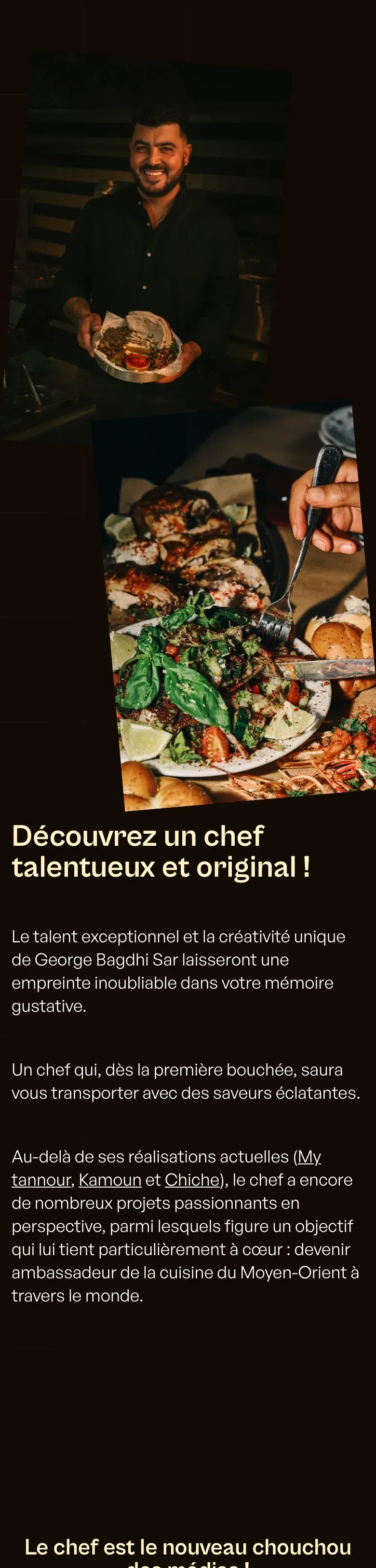 Dossier de presse de Georges Baghdi Sar sur téléphone : photos du chef et d'un plat, puis « Découvrez un chef talentueux »