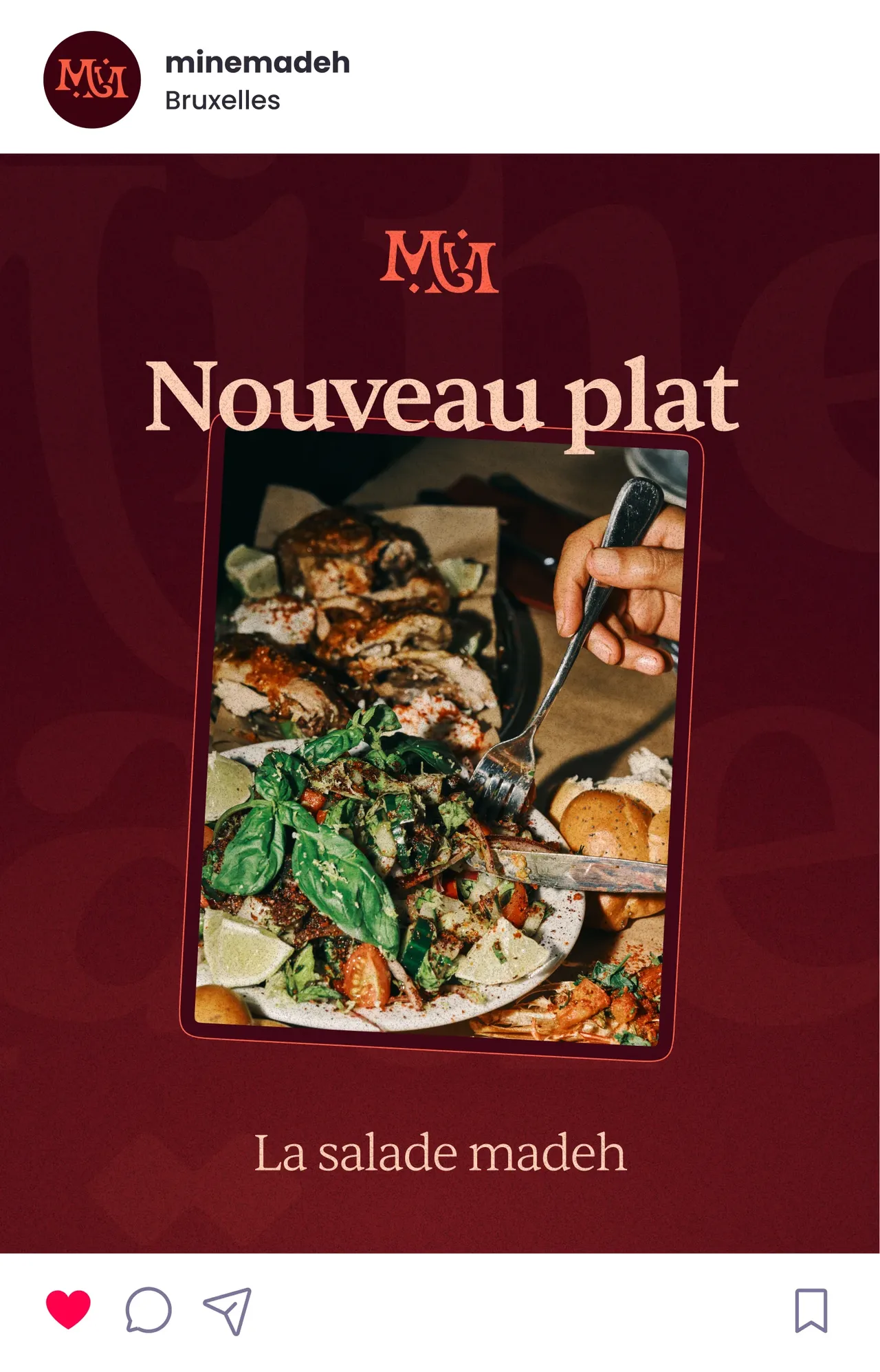 Post Instagram Mine Madeh « Nouveau plat » sur fond bordeaux, avec la salade madeh