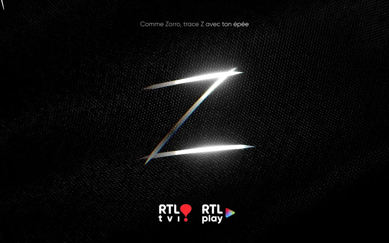 Écran d'entrée du dossier de presse Zorro de RTL : un Z lumineux tracé à l'épée, logos RTL tvi et RTL play