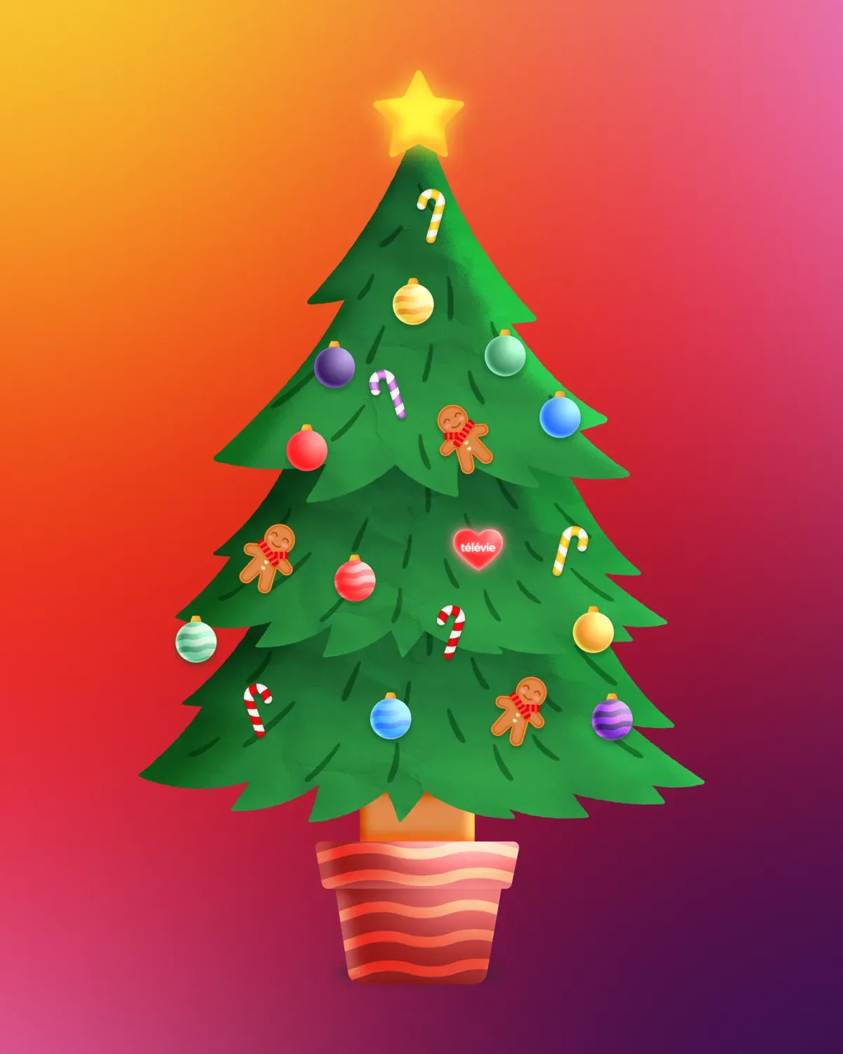 Le même sapin garni de boules, de cannes à sucre et de bonshommes en spéculoos, une étoile au sommet et un cœur Télévie au centre
