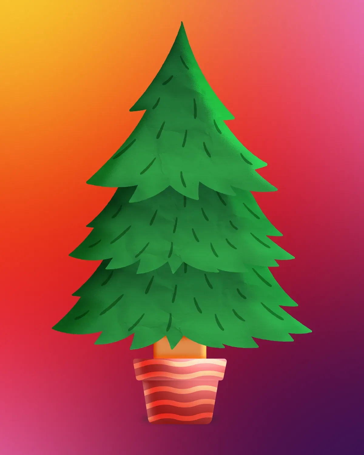 Le sapin du Télévie encore nu, branches vertes en papier froissé et pot rayé rouge, sur un dégradé orange et violet