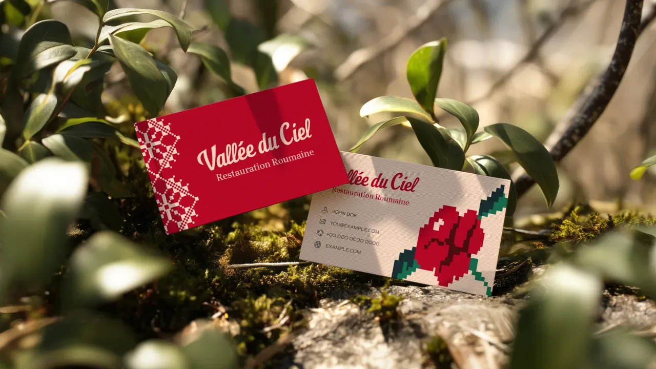 Deux cartes de visite Vallée du Ciel posées dans la mousse, l'une rouge brodée, l'autre avec une rose