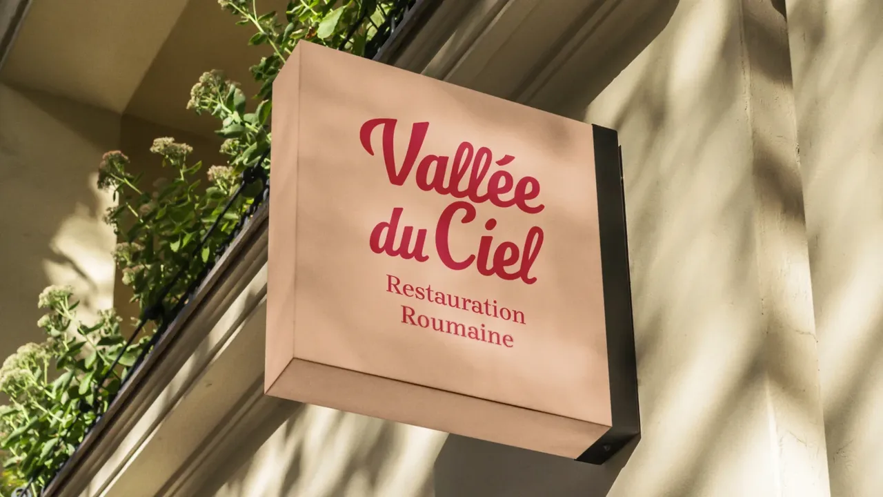 Enseigne en caisson du restaurant Vallée du Ciel accrochée en façade, logo rouge sur fond pêche