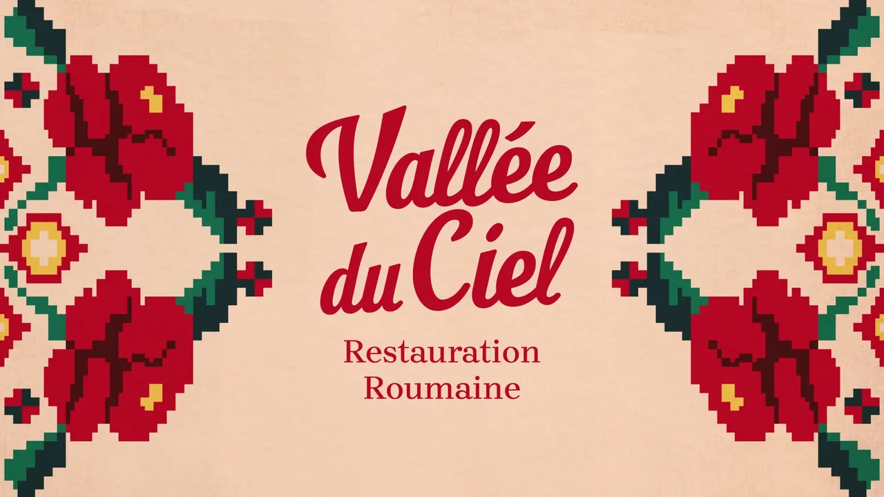 Logo Vallée du Ciel en rouge sur fond pêche, encadré de roses en point de croix inspirées des broderies roumaines