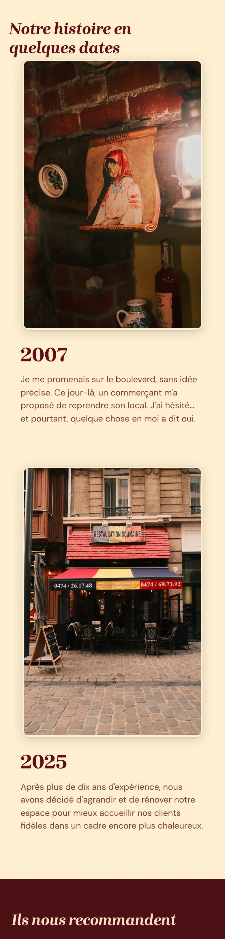 Site Vallée du Ciel sur téléphone : frise « Notre histoire en quelques dates », de la reprise en 2007 à la rénovation de 2025
