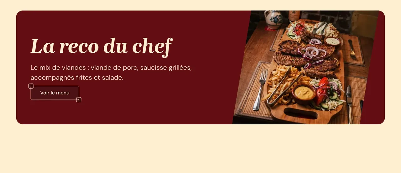 Encart « La reco du chef » du site Vallée du Ciel : planche de viandes grillées, frites et salade, avec lien vers le menu