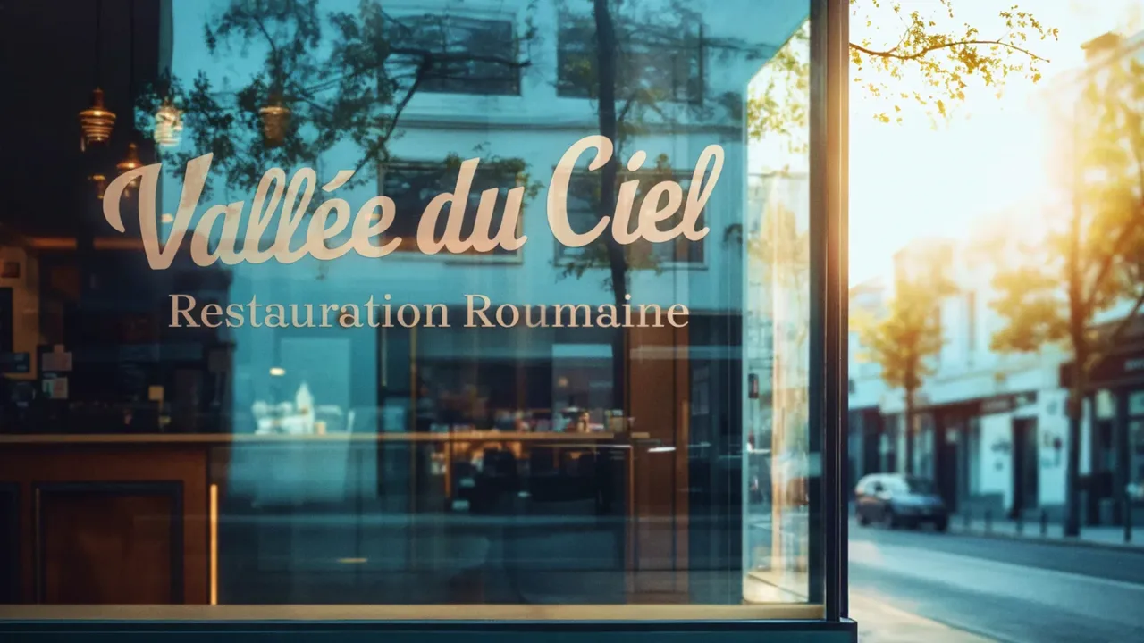 Vitrine du restaurant Vallée du Ciel, logo en lettrage doré sur la vitre, rue ensoleillée en reflet